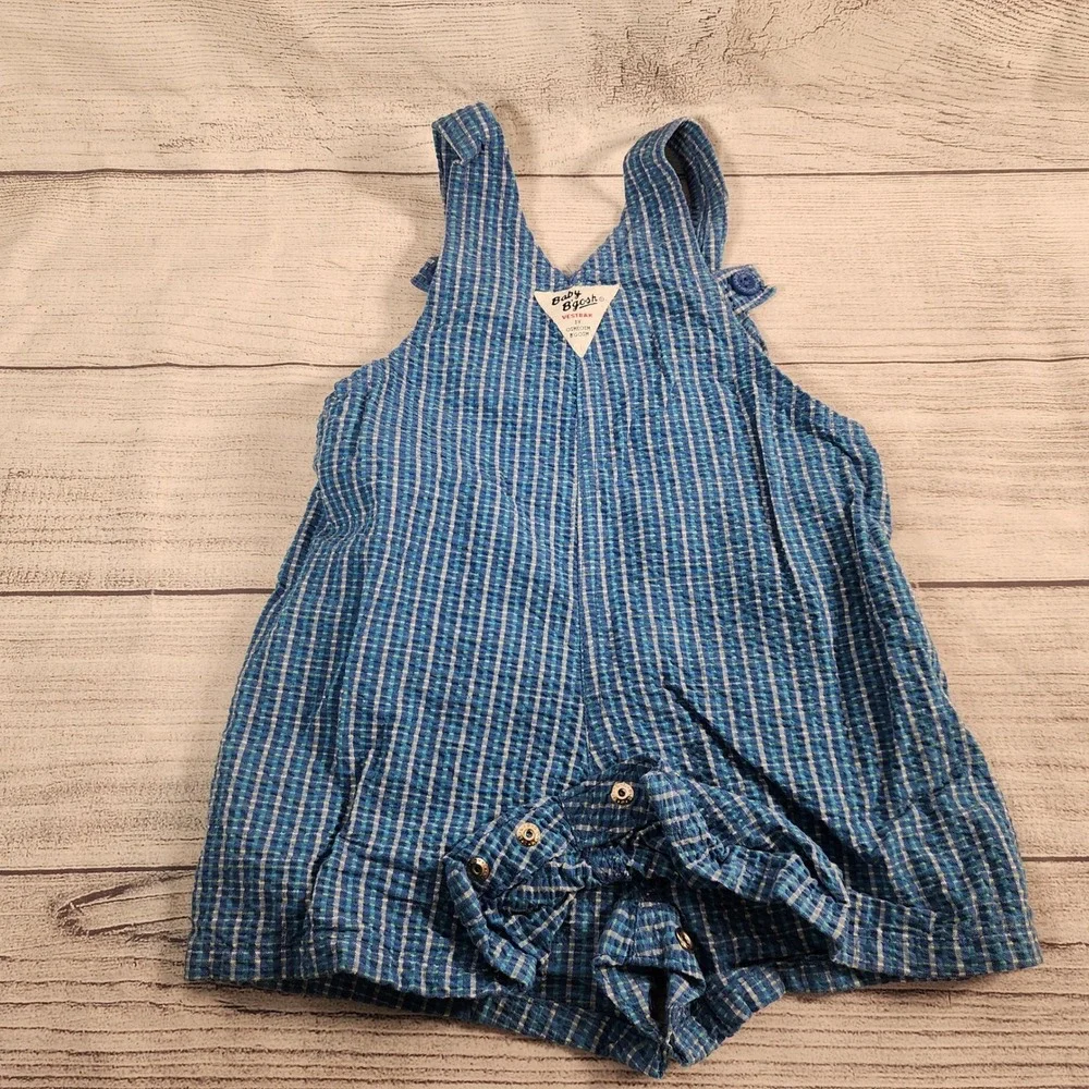 Vintage Baby OshKosh Bgosh Blue Seersucker Dinosaur Vestbak Shortalls 12M